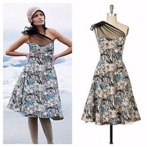 Anthropologie One Shoulder Floral Dress - Black, Blue, Cream